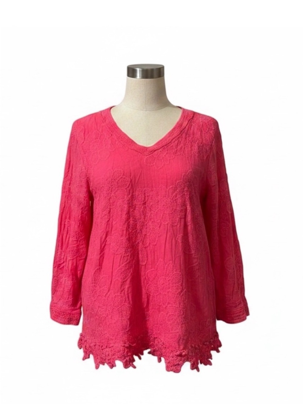 Chicos Hot Pink Embroidered Tunic Top Size 2/Large